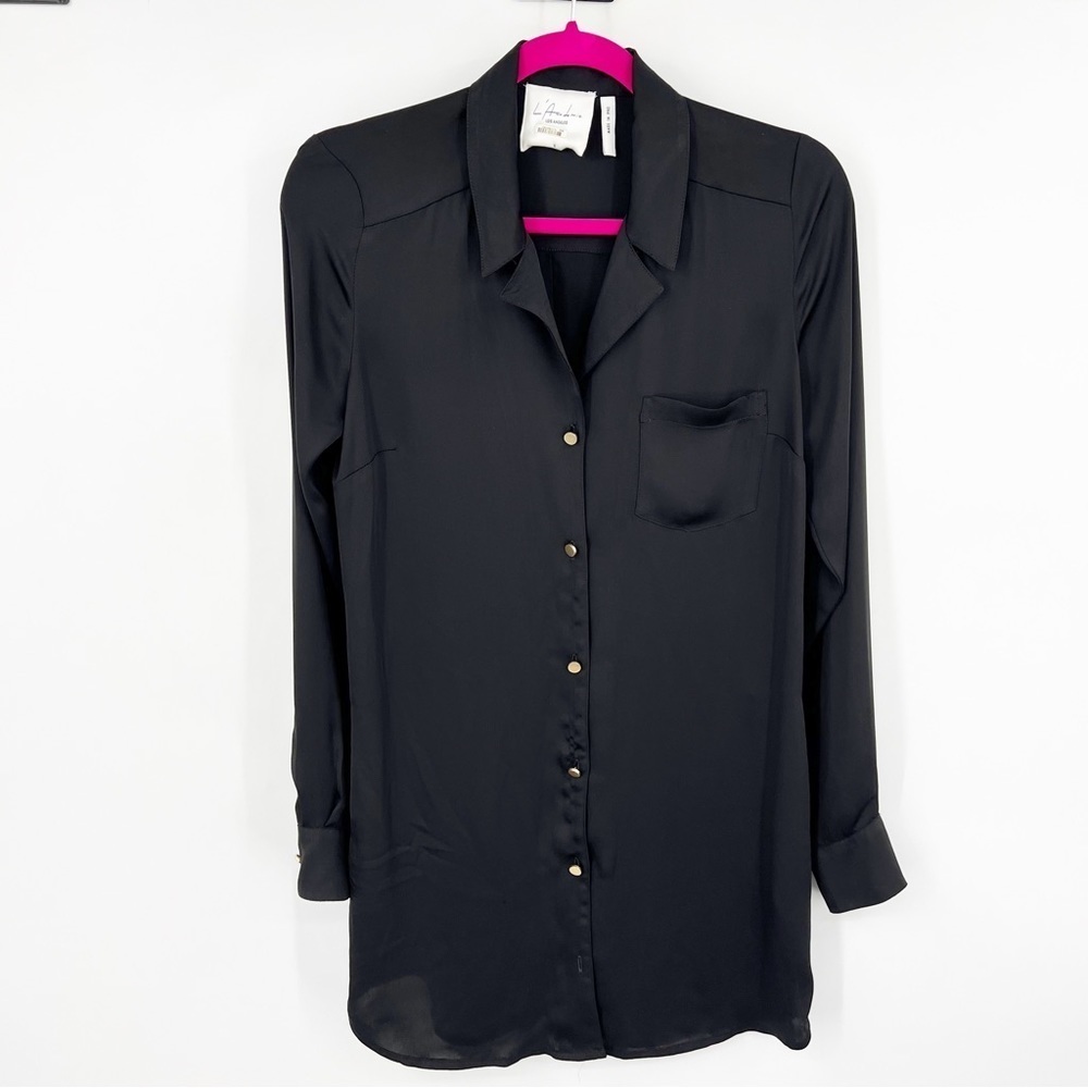 L’Academie x Revolve Military Long Sleeve Black Sheen Button Up Dress S